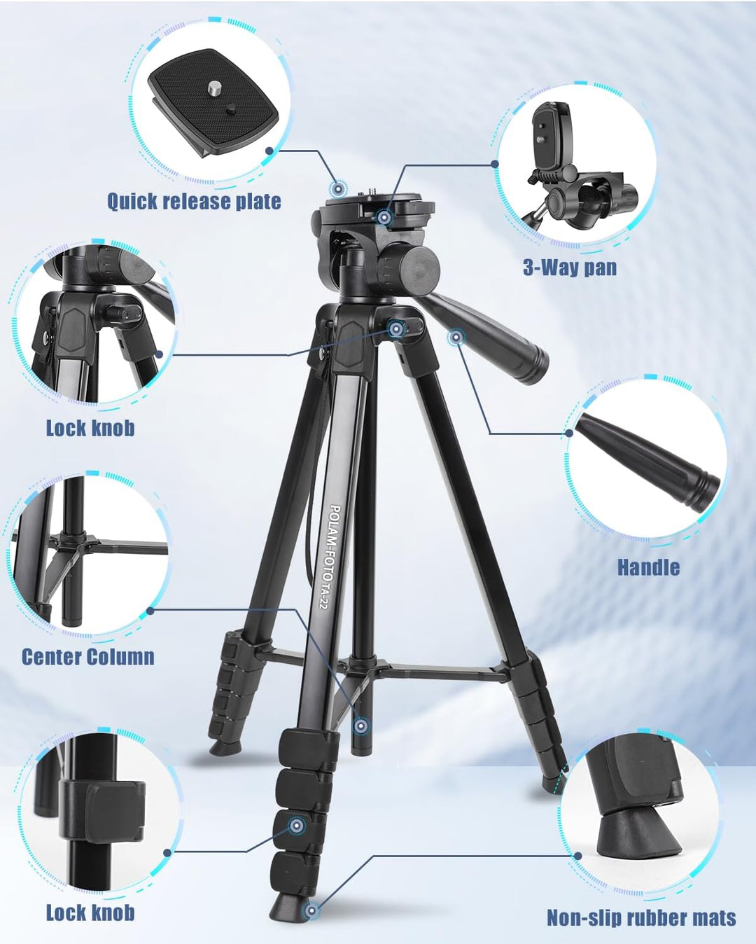 172 cm Leichtes Handy-Stativ, Aluminium-Stativ, Mit 3-Wege-Panoramakopf und Handyhalterung, Geeignet