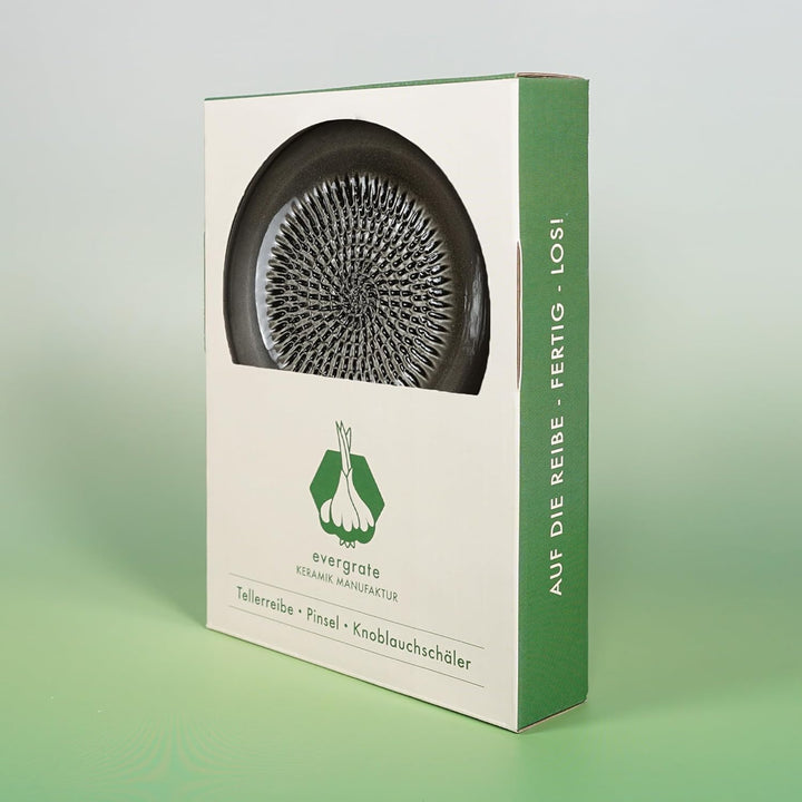 Evergrate® Keramikreibe Anthrazit mit Geschenkbox – mit Reibe, Knoblauchschäler, Rezeptheft & Pinsel