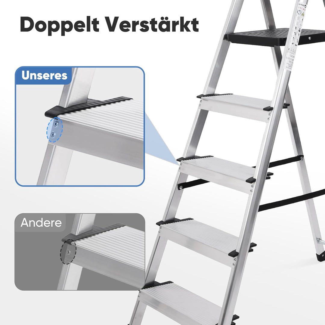 Sekey Klappbare Aluminium Trittleiter 5 Stufen (160 cm), Stabil & rutschfest, mit Werkzeugablage, bi