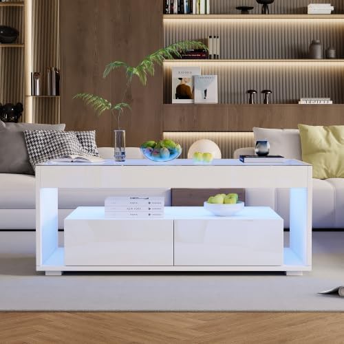 Merax LED Couchtisch – Moderner Wohnzimmertisch in Hochglanzweiss mit App-gesteuerter Beleuchtung, S