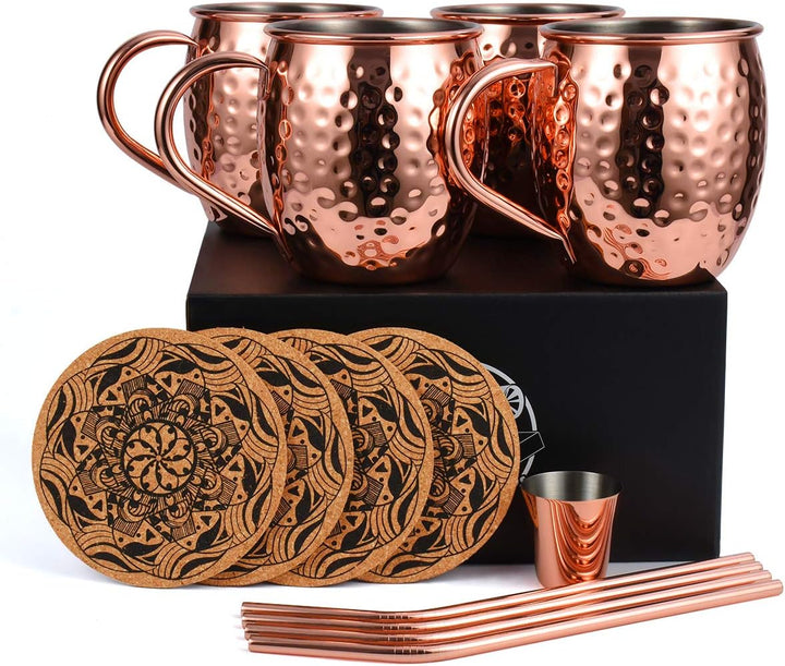 Eligara Moscow Mule Becher Kupferbecher Gehämmert und Handgefertigt Kupfertassen mit 4 Gläsern, 4 Un