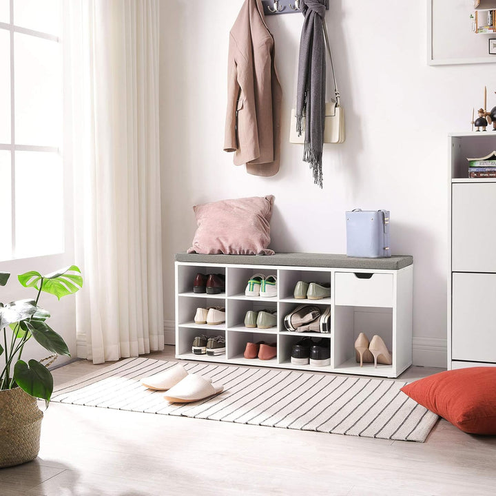 VASAGLE Schuhbank, Schuhregal mit Schublade und offenen Fächern, Sitzbank, gepolsterter Sitz, Flur,