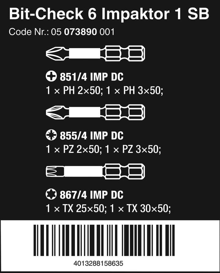 Wera Bit-Sortiment, Bit-Check 6 Impaktor 1 SB, 6-teilig, Wera 05073890001, Bit-Check 6 Impaktor 1 SB