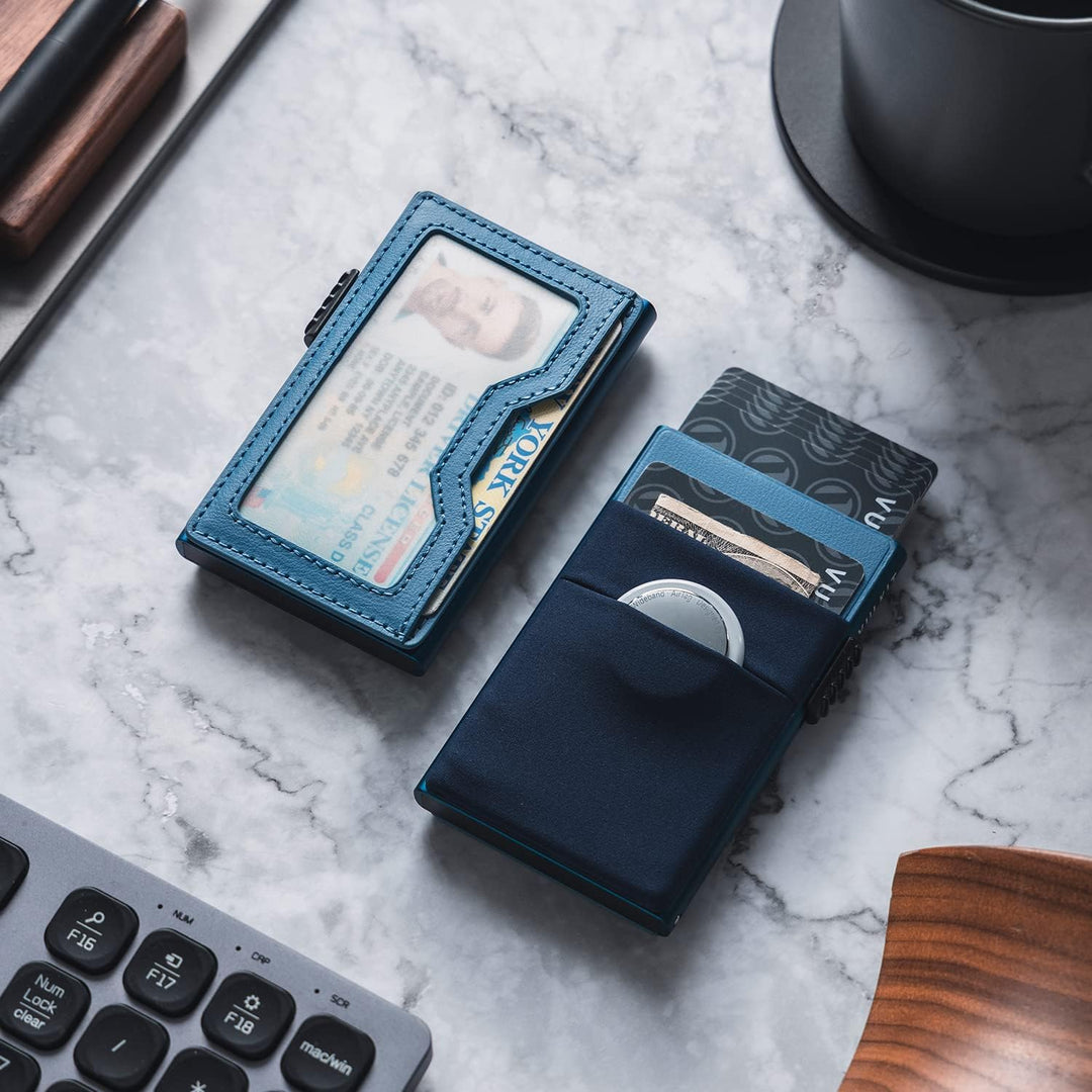 VULKIT Kreditkartenetui mit EDC-Fächern und Ausweisfenster, RFID-blockierende Pop Up Karten Geldbörs