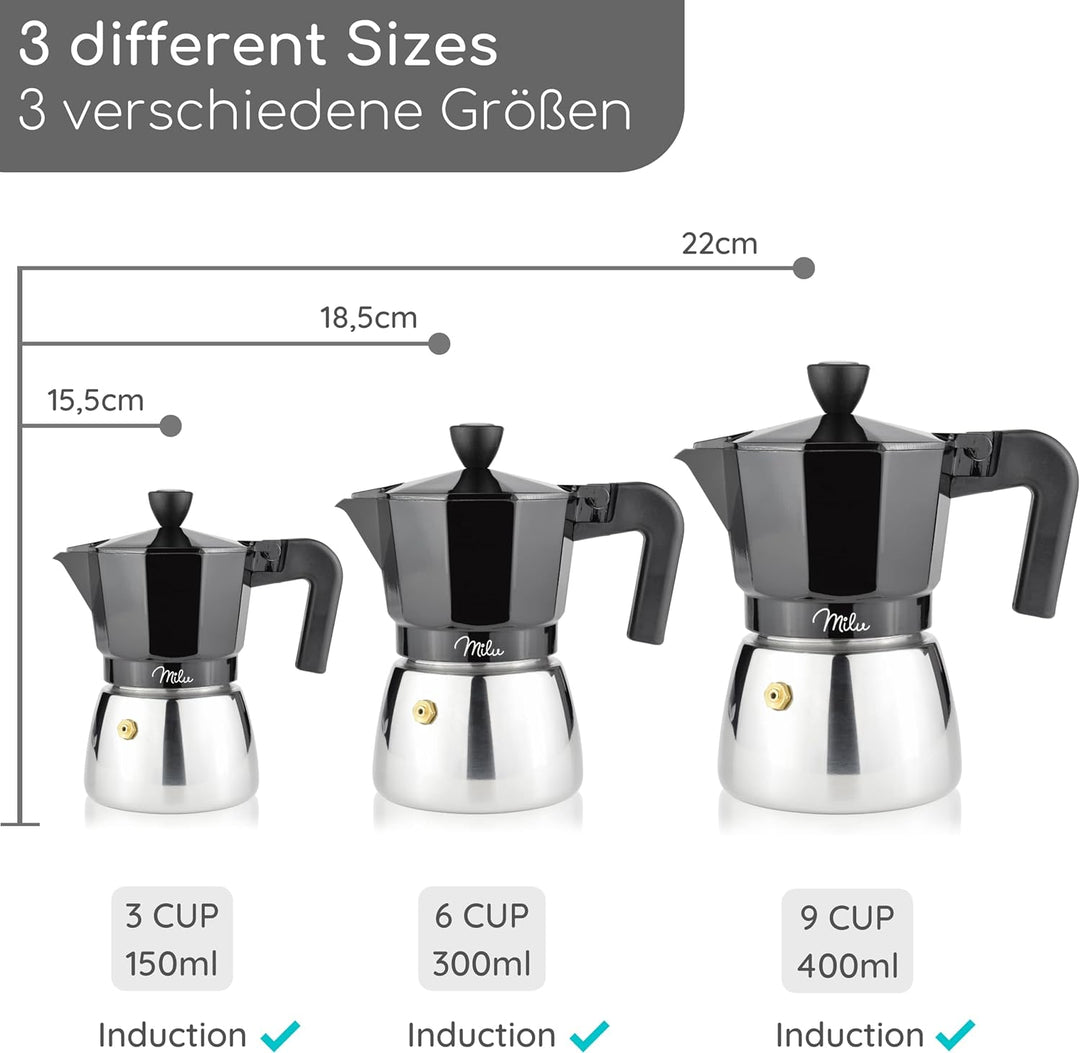 Milu Espressokocher Induktion geeignet | 3, 6, 9 Tassen | Aluminium Mokkakanne, Edelstahl Espressoka