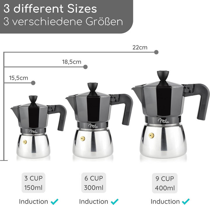 Milu Espressokocher Induktion geeignet | 3, 6, 9 Tassen | Aluminium Mokkakanne, Edelstahl Espressoka