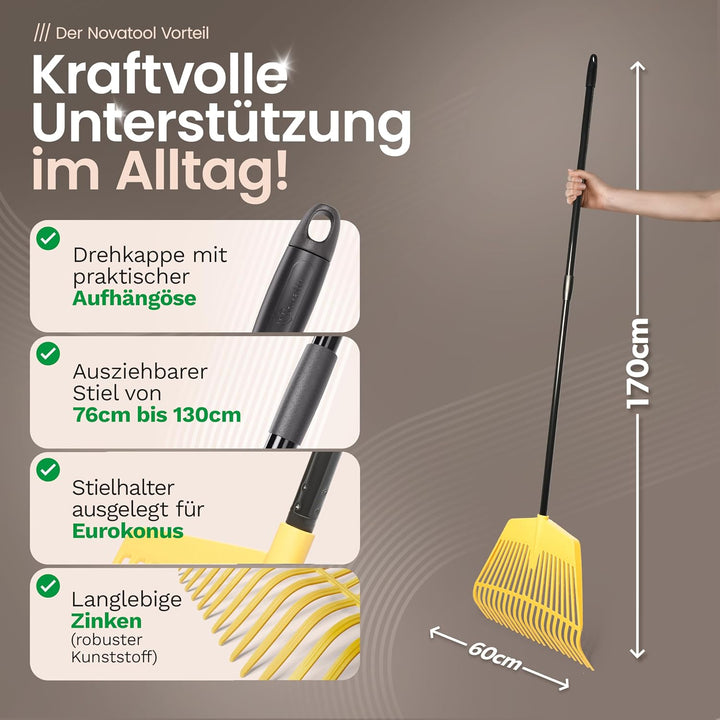 Novatool Laubbesen mit Teleskop-Stiel bis 152cm, 2 in 1 Kombigerät, Laubbesen und Laubgabel mit 20 K