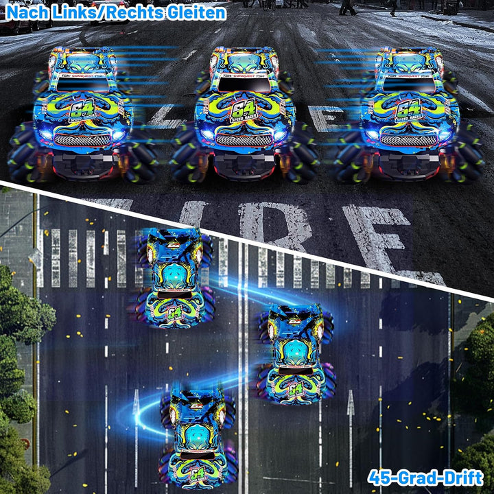 Monstertruck Ferngesteuert mit Licht Reifen, Musik und 360°Drehung (Blau) | 1/20 Ferngesteuerter Mon