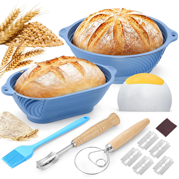 RUIZHI Brot Gärkorb Silikon, 29 cm Gärkorb Oval und 23 cm Gärkorb Brot Rund, Silikon Klappbare Gärkö