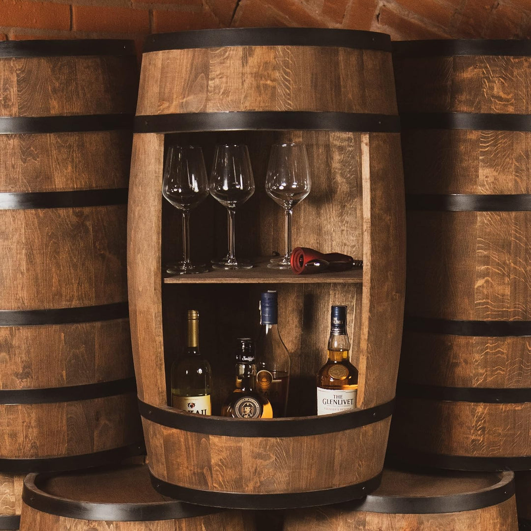 Holzfass Hausbar - Weinschrank im Retro Stil - Weinfass Bar - Weinregal Holz - Holzbar 80cm hoch - E