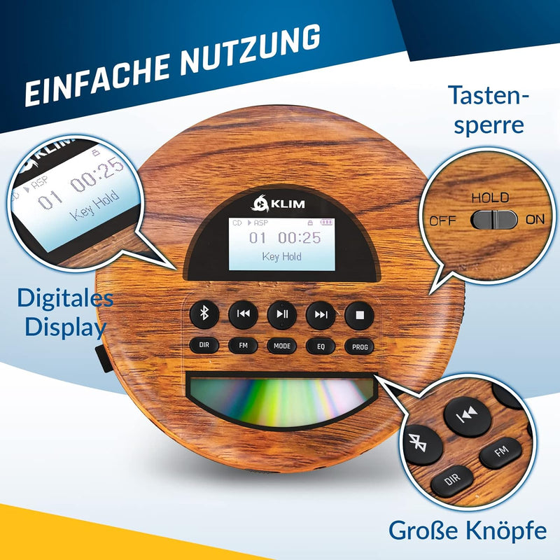 KLIM Nomad Wood - NEU 2023 - Tragbarer CD-Player Discman - langlebigem Akku - Inklusive KLIM Fusion