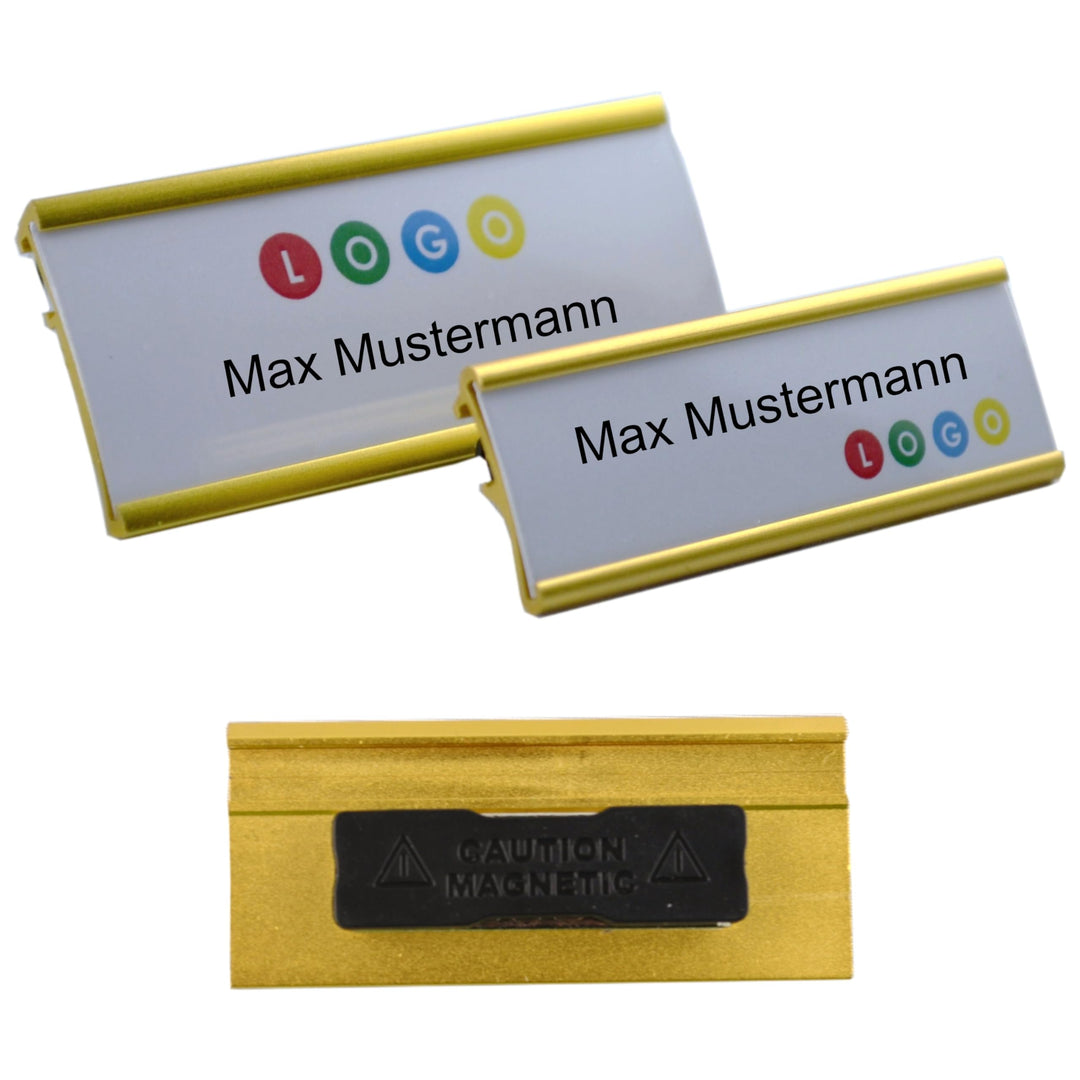 10 Stück Aluminium Namensschild goldfarbig eloxiert aus Metall, Grösse 65x22 mm oder 72x32 mm, mit M