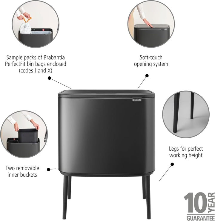 Brabantia Bo Touch Bin für die Küche 23+11 l – Zwei Fächer | Soft-Touch-Abfalltrennung mit Inneneime