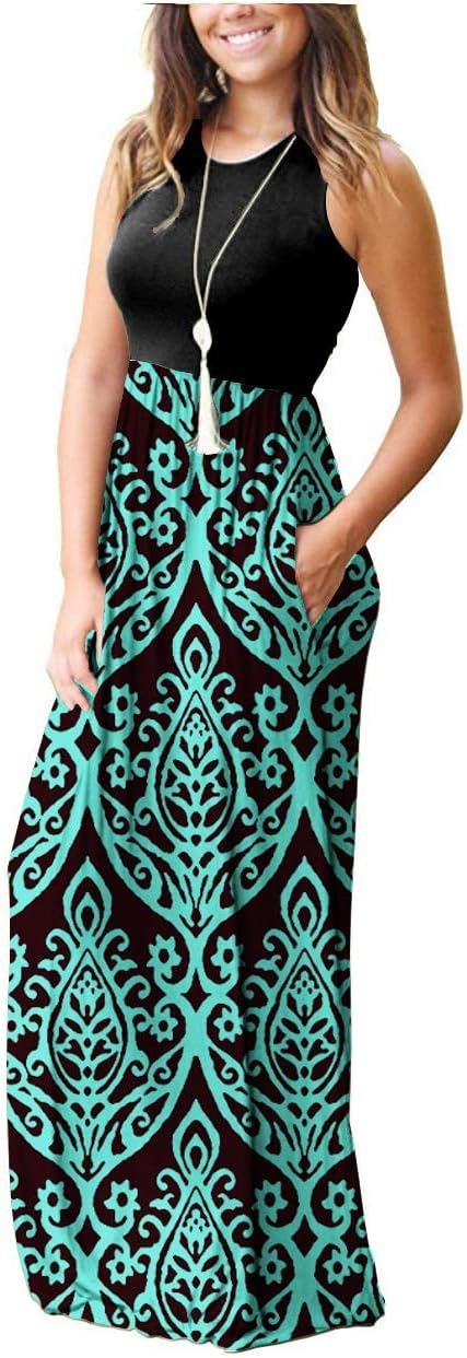 AUSELILY Damen Sommer Maxikleid | Ärmelloses,Taschen,Lockeres,Lässiges,Langes,Atmungsaktives Materia