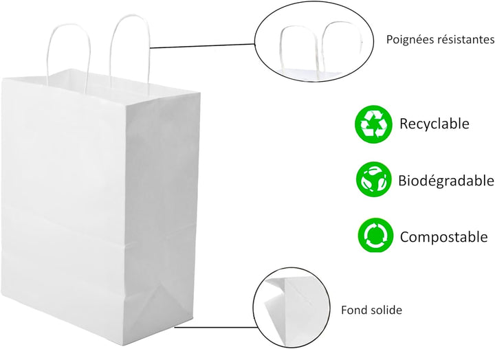 Extiff Papiertragetaschen mit Griffen, 26 x 14 x 32 cm, Geschenkverpackung, Weiss, 50 Stück x50 weis