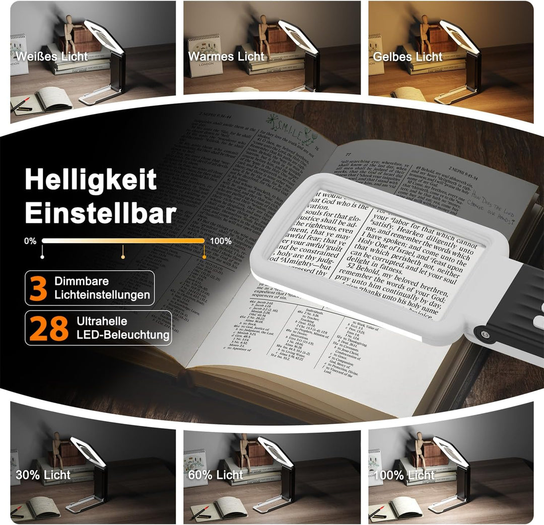 10X Lupe mit Licht und Ständer, Echtglaslinse Leselupe, Wiederaufladbare, Faltbare Grosse Handlupe,