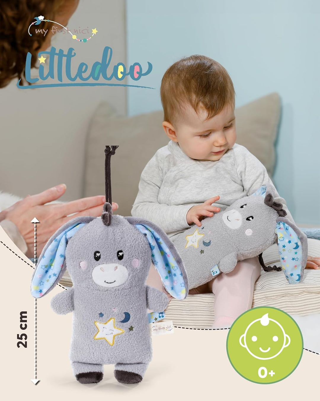 NICI Baby Einschlafhilfe Kuscheltier Esel Littledoo 25cm multifunktional in Geschenkbox - grau - Plü