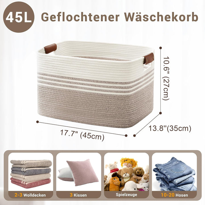 Wäschekorb Geflochten Klein aus Baumwollseil, 45L Aufbewahrungskorb mit Lederhenkeln, Korb für Decke