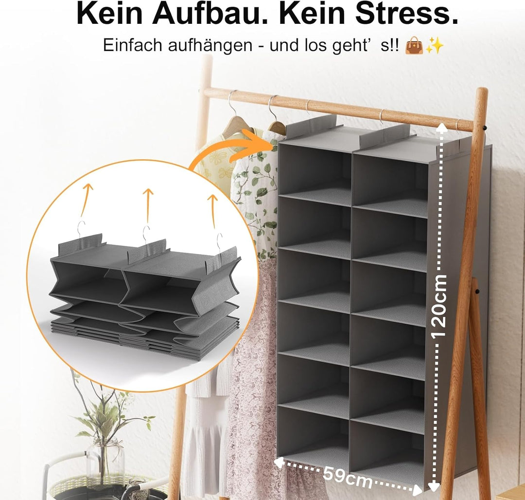 Doppelreihe Hängeregal, 6 Ebenen Schrank Organizer für Kleidung, Faltbarer Kleiderschrank Organizer
