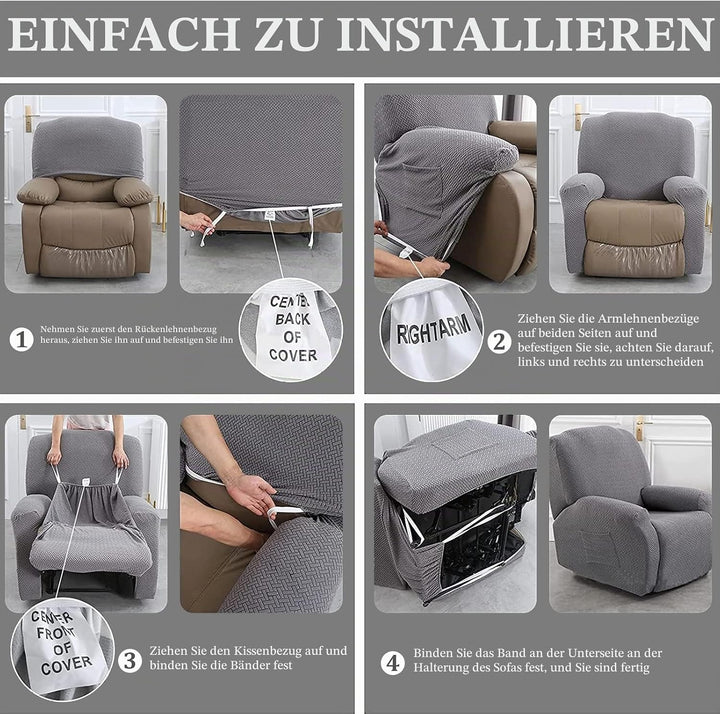 Stretchhusse für Relaxsessel - 4-Teilig Set mit Seitentasche, rutschfest, waschbar - Recliner Cover,