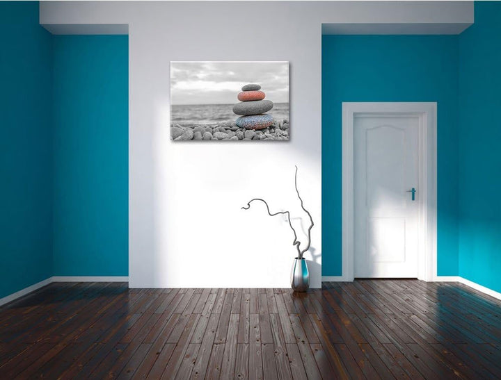 Steinturm auf Steinen schwarz/weiss Format: 100x70 auf Leinwand, XXL riesige Bilder fertig gerahmt m