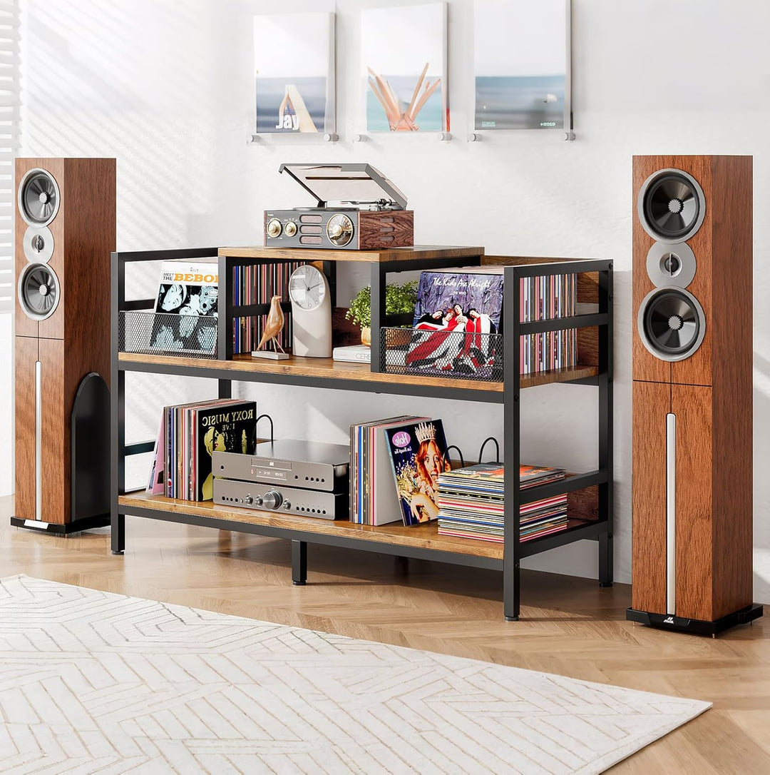 KZOBYD Plattenspielerständer, Schallplatten Regal mit Ablage, 3-Ebenen Plattenspieler Tisch Plattenh