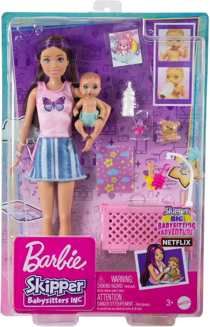 Barbie-Puppe und Zubehörteile, Gitterbett-Spielset mit Skipper-Puppe, Babypuppe mit schläfrigen Auge