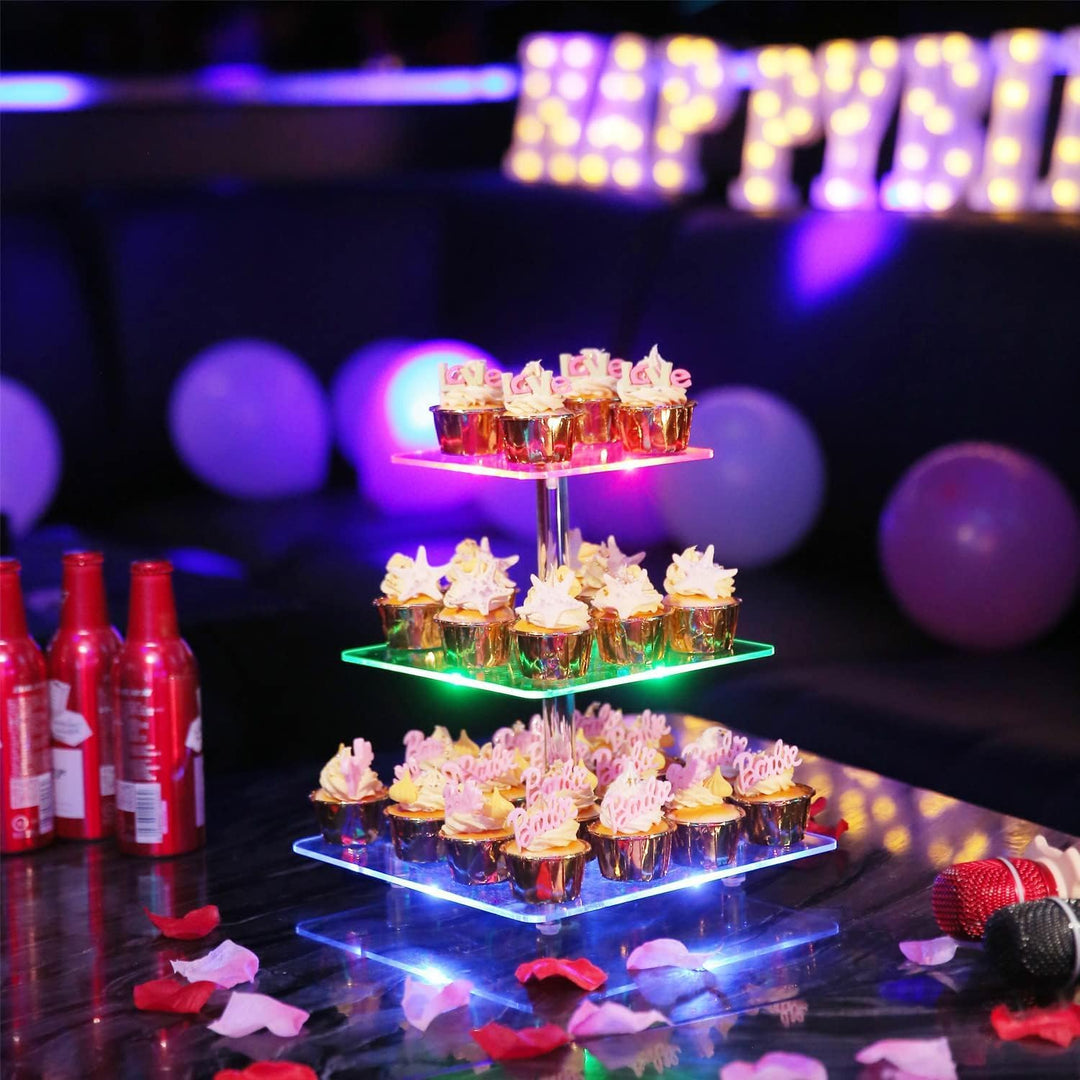 3 Etagen Cupcake Ständer, Ulifeme Wiederaufladbarer LED-Licht Quadrat Transparenter Dessert Tortenst