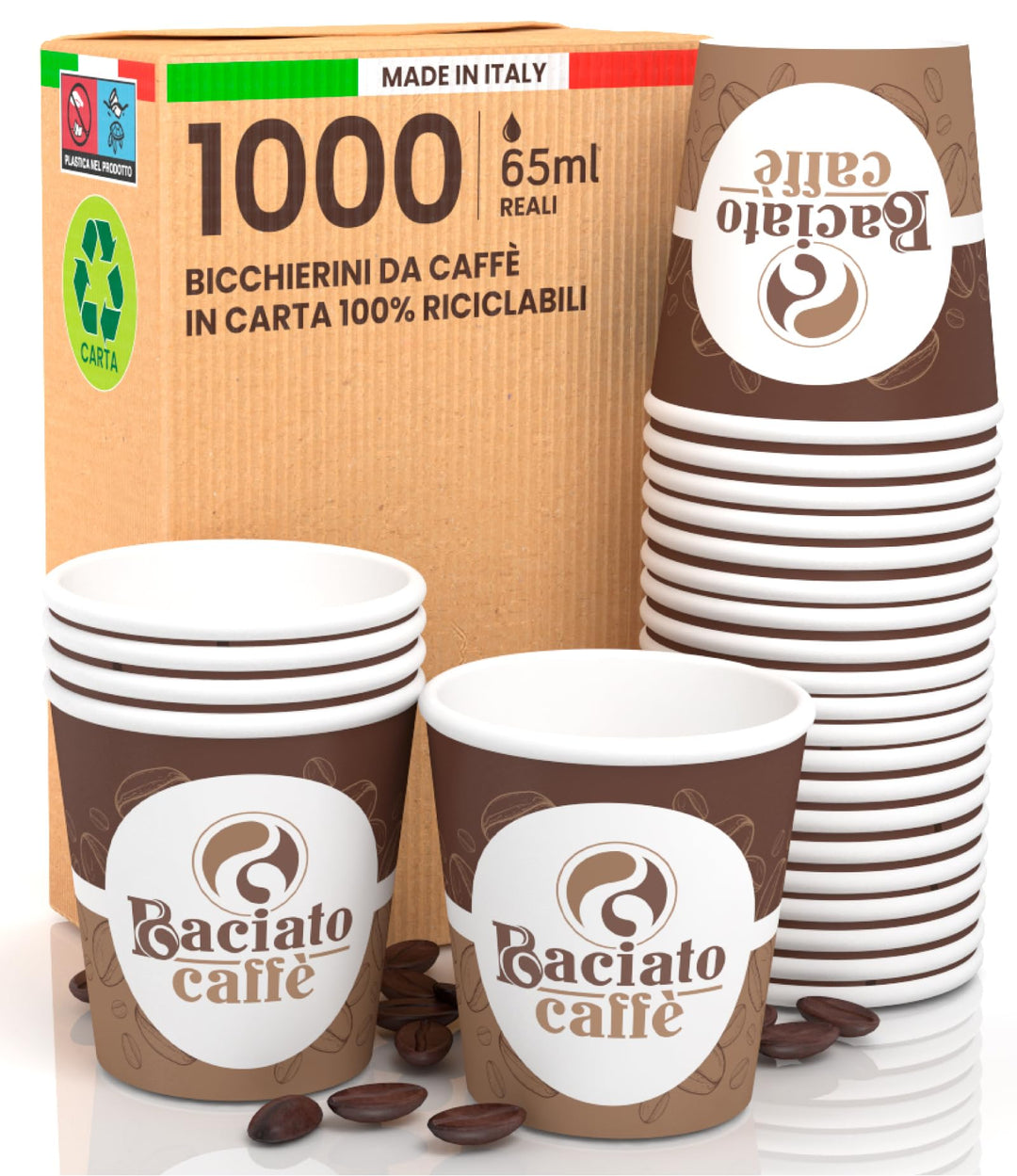 1000 Gläser aus Papier, für Kaffee, 65 ml, biologisch abbaubar, Einweg-Made in Italy, Asporto-Gläser