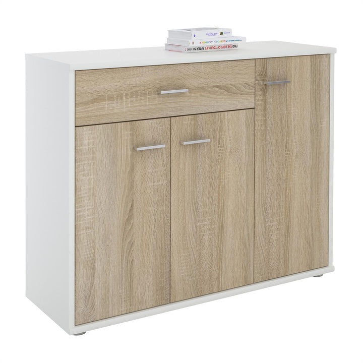 CARO-Möbel Sideboard Estelle Mehrzweckschrank,weiss/Sonoma Eiche mit 3 Türen und 1 Schublade, 88 cm