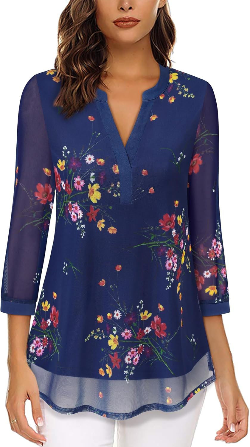 Damen 3/4 Ärmel Oberteil Henley V-Ausschnitt Hemden doppellagig Mesh Bluse Tuniken, XXL Blau Blumen