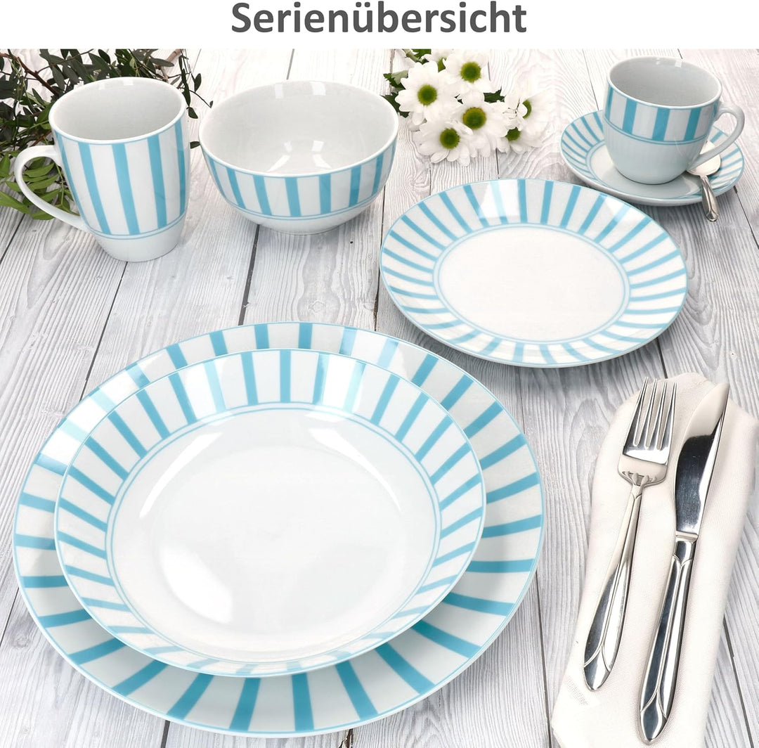 MamboCat Split türkis 6er Set Suppenteller I 450ml I weisses Porzellan-Geschirr mit Streifen für 6 P