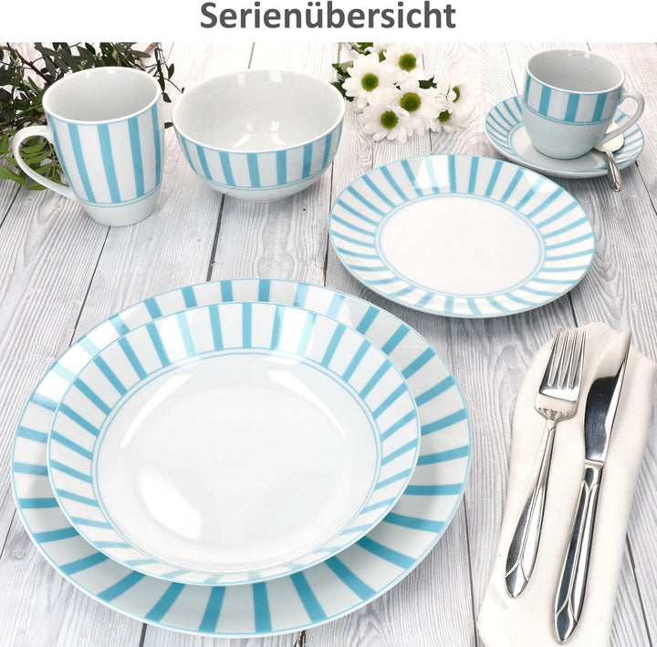 MamboCat Split türkis 6er Set Suppenteller I 450ml I weisses Porzellan-Geschirr mit Streifen für 6 P