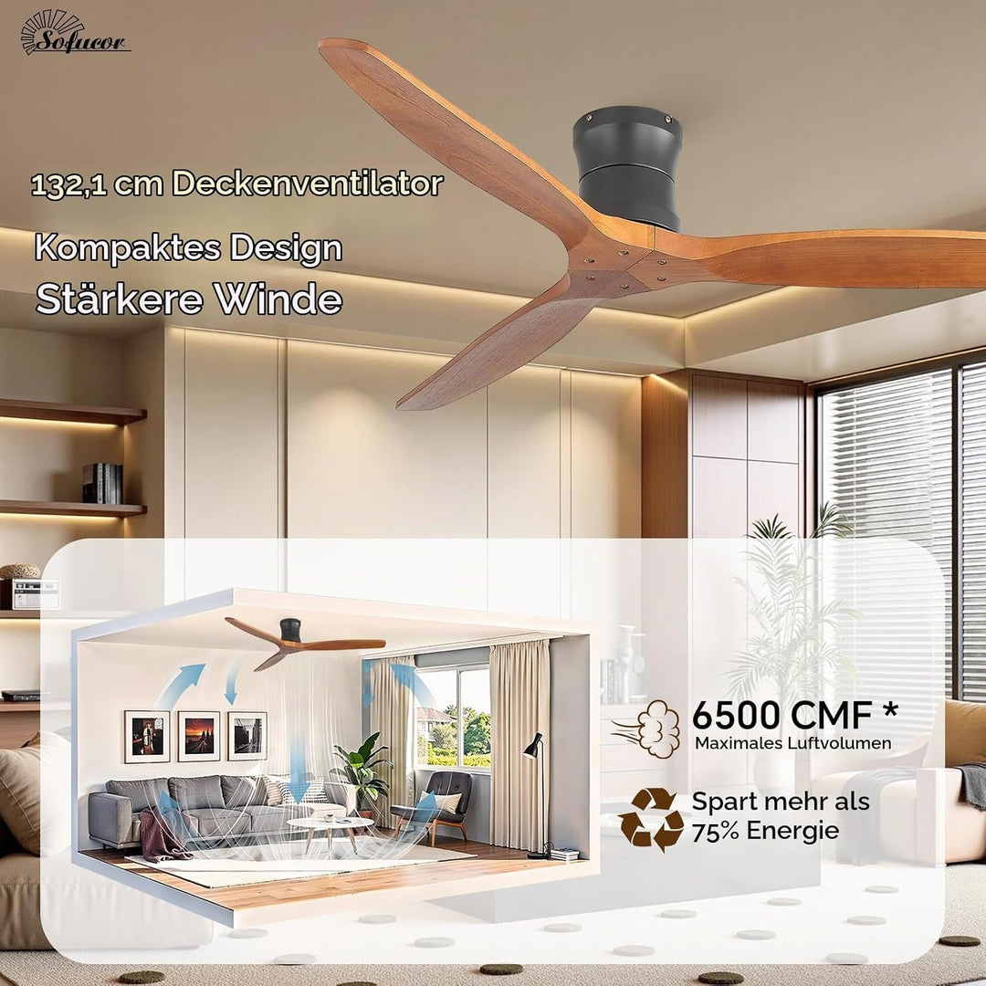 Sofucor Smart Deckenventilator mit Alexa/APP, 132cm Massivholz Deckenventilator mit Fernbedienung, W