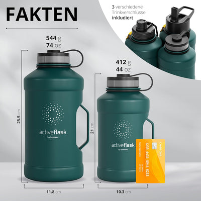 BeMaxx Trinkflasche Edelstahl ACTIVE FLASK + Strohhalm (3 Deckel) | Grosse 1,3 Liter Sportflasche BP