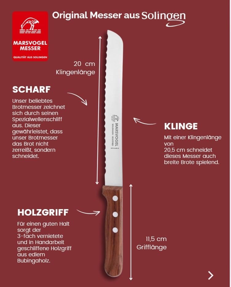 Marsvogel Brotmesser 2,0 mm Rückenstärke mit Welle Made in Solingen Bubinga Bubinga Braun