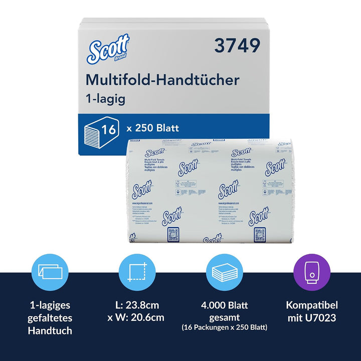 Scott Multifold Handtücher 3749 – gefaltete Papierhandtücher – 16 Packungen x 250 weisse Papierhandt