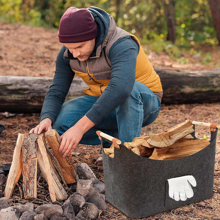 FINEW Holzkorb für Kaminholz 96L, Kaminholzkorb mit Handschuhen 60 x 40 x 40CM, Grosse Filzkorb Feue