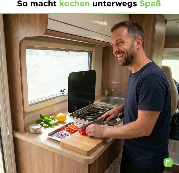 naturlik Camping Schneidebrett mit Auffangschale – Bambus Servierbrett für Wohnmobil, Campervan & Ou