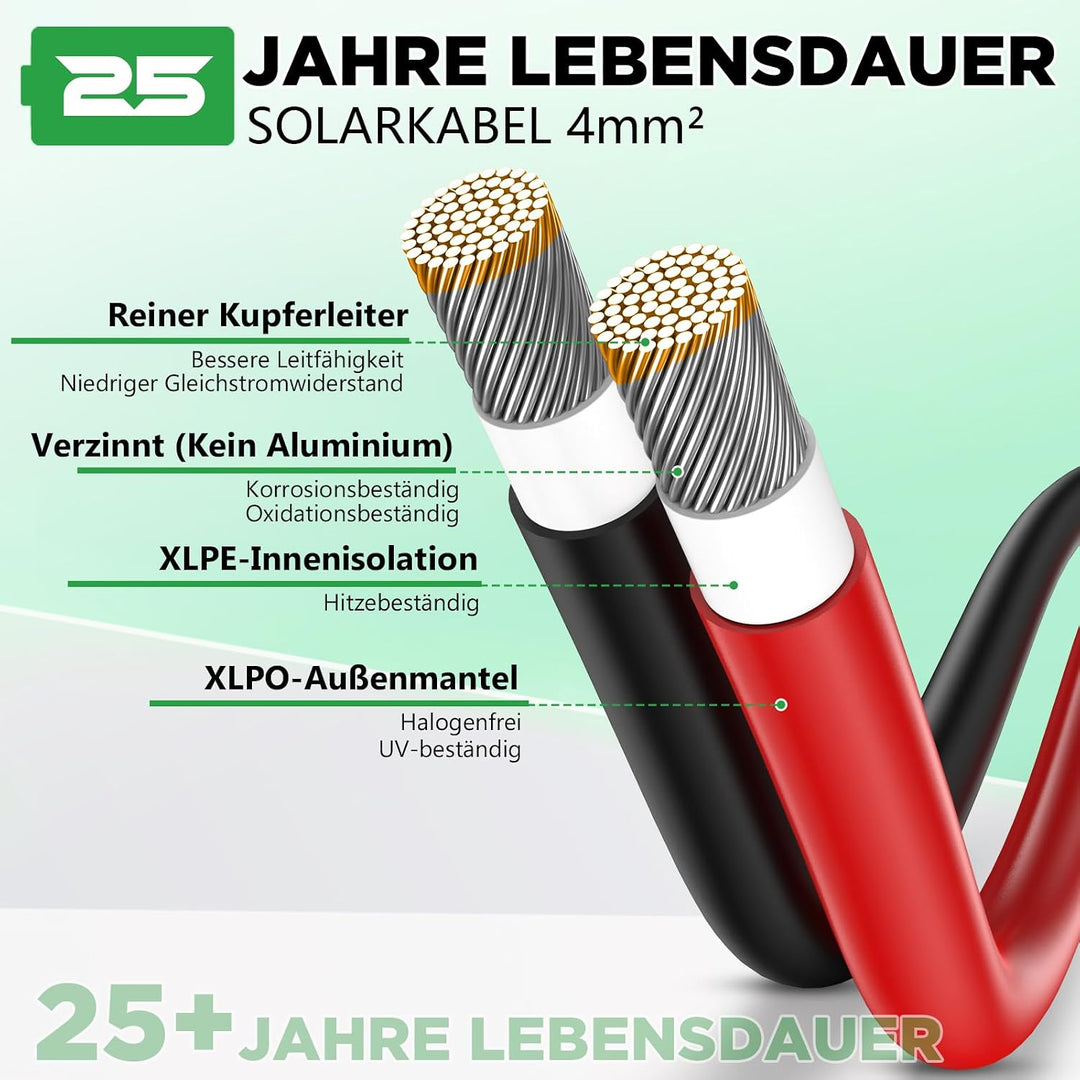 Oududianzi 2x30m Solarkabel 4mm2, Solarkabel Verlängerung 30m, PV Kabel 4mm2, Photovoltaik Kabel, So