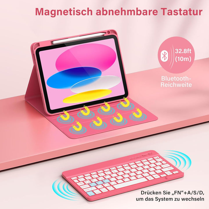 KBCASE Hülle mit Tastatur für iPad A16 11/10 Generation(11 Zoll 2025/10.9 Zoll 2022), 7 Farbige Bele