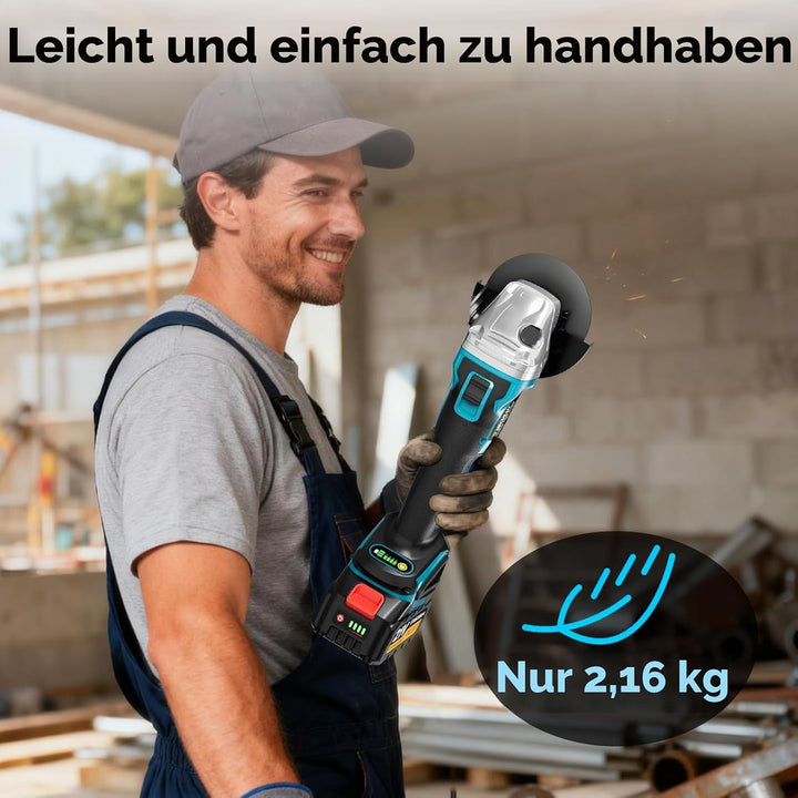 Akku Winkelschleifer 125mm, Flex Akku Winkelschleifer Set mit 2x 4.0Ah Akku, 1200W Bürstenloser Moto