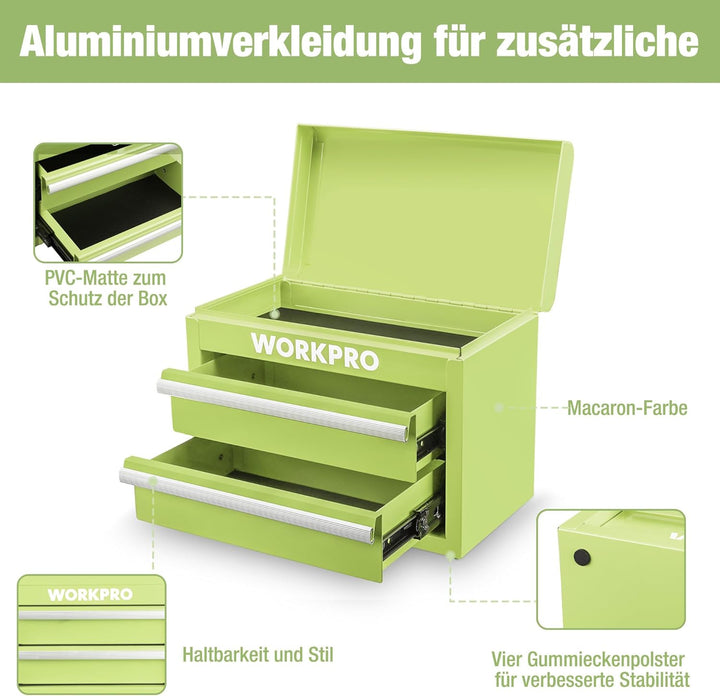WORKPRO Metall Schubladenbox mit 2 Schubladen & Oberer Stauraum Avocadogrün, 27,5x15x20,8cm Tisch Or