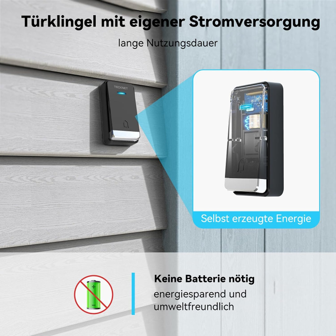 TECKNET Kabellose Türklingel Batterielose, Steckdosen-Funkklingel Wasserdicht Drahtloses Türklingel