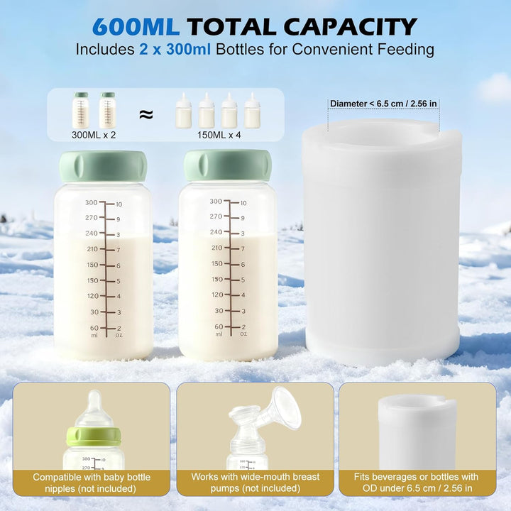 Tragbarer Muttermilchkühler 1,5L mit 2x300ml Muttermilchaufbewahrungsflaschen, 360° Gesamtkühlung Ba