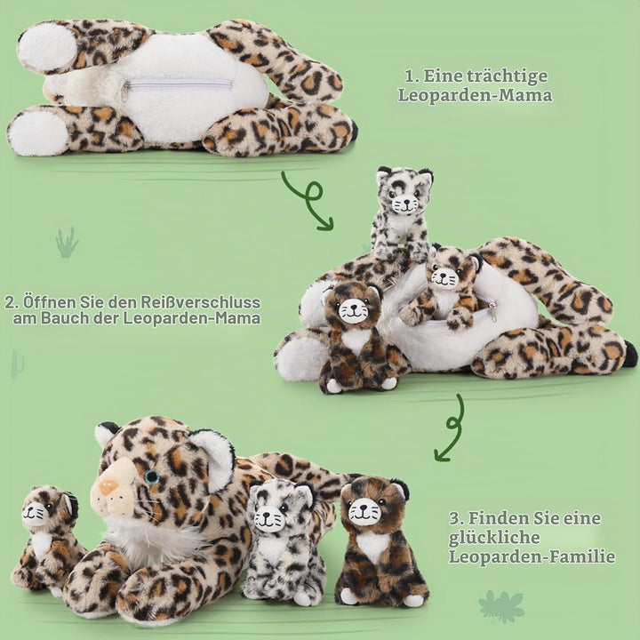 MorisMos 45cm riesen Leopardo Kuscheltier XXL mit 3 Plüschbaby im Bauch, gross liegend Plüsch Leopar