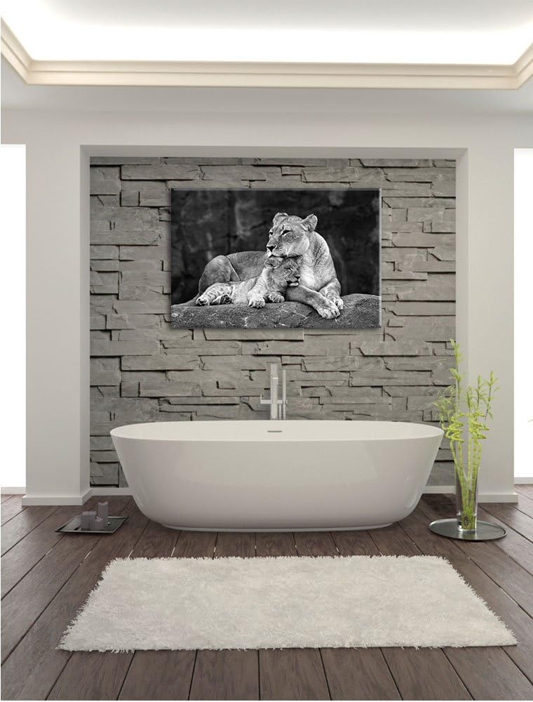 Pixxprint Löwe kuschelt mit seinem Löwenjungen Kunst B&W, Format: 100x70 auf Leinwand, XXL riesige B