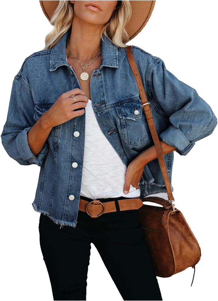 JayscreateEU Female Jeansjacke Kurze jacke Denim Jean Mantel Outwear Lange Ärmel Damen Jeansjacke mi