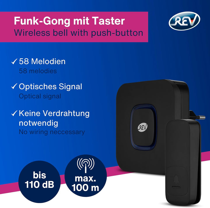 REV Funkklingel Piezo - Steckdosen Gong mit Lichtsignal, 58 Melodien, 4-Stufen Lautstärke, max. 110d