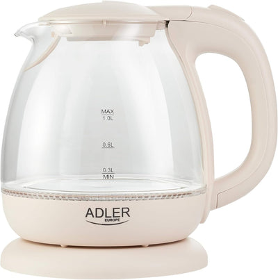 adler AD 1238 Elektrischer Wasserkocher aus Glas, klein, 1 l, 1100 W, LED-Beleuchtung, 1 Liter, Beig